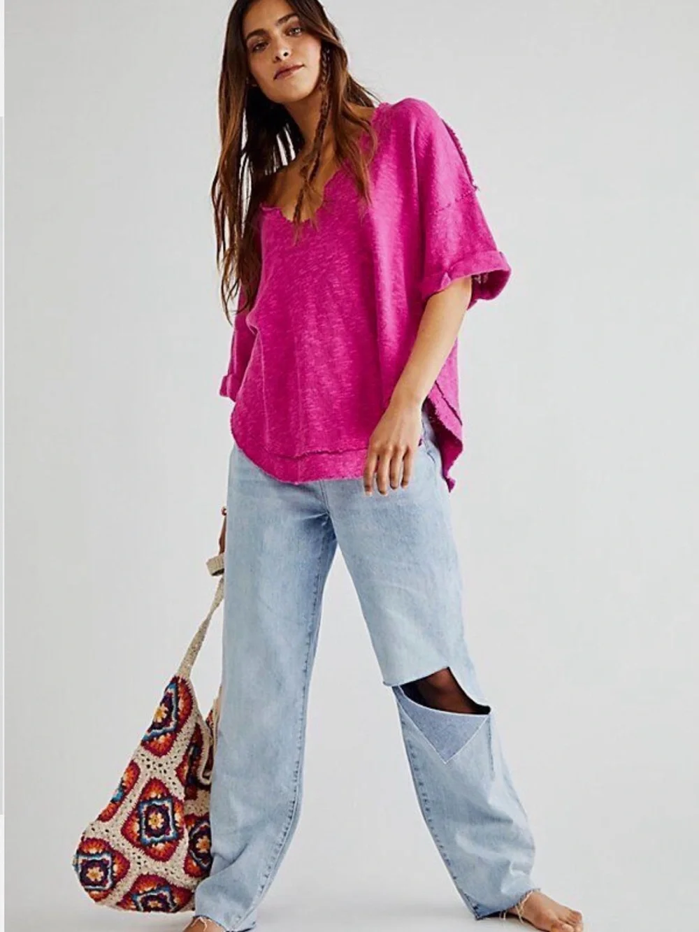 Free People Distressed Hot Pink Tee